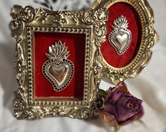 Voto Heart, Sacred Heart, Flaming Heart in Baroque Frame