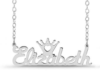 Crown necklace with name, sterling silver royal jewelry, cursive font nameplate, perfect birthday gift for her
