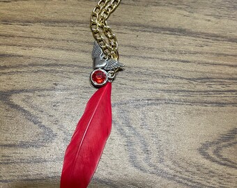 Blue and Pink tones silver hand painted feather necklace with free mini gift Large Red