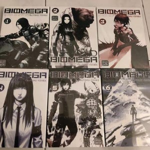 May include: A set of six graphic novels, Biomega, volumes 1 through 6. The covers feature black and white illustrations of characters in futuristic settings.