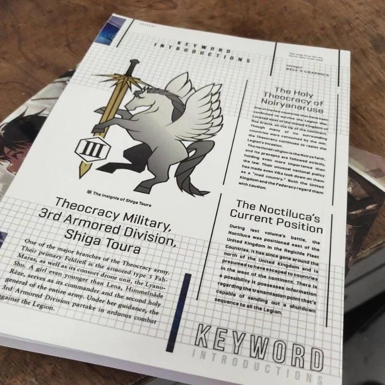May include: A book cover with a white winged unicorn with a sword, the text "Theocracy Military, 3rd Armored Division, Shiga Toura" and the text "The Noctiluca's Current Position"