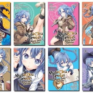 May include: Eight manga books with different cover art. Each features a blue-haired anime character. The title "Mushoku Tensei: Roxy Gets Serious" is displayed on each cover. The backgrounds vary in colour, including yellow, green, pink, and purple.