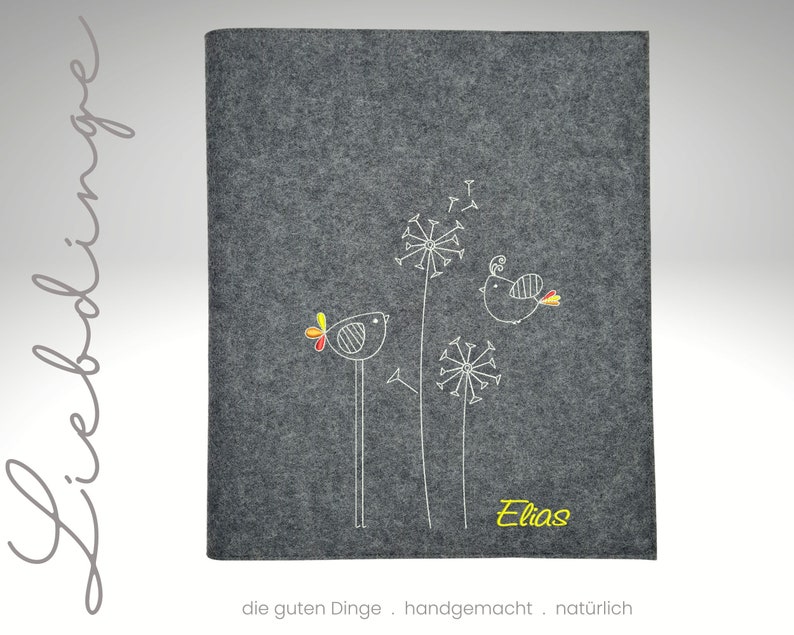 Zeugnismappe Filz Blumenwiese birds Name personalisiertes Geschenk Schulanfang Sichtbuch Einschulung Zeugnisse Dokumente gelb