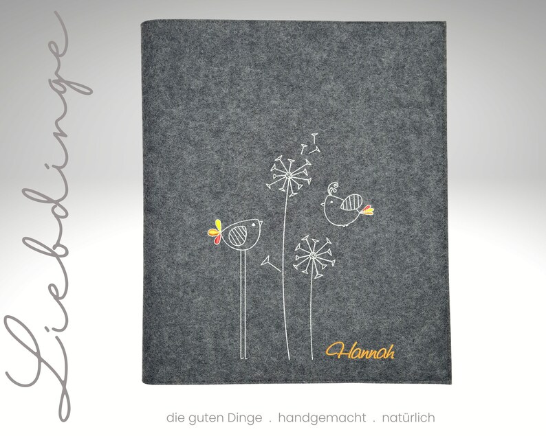 Zeugnismappe Filz Blumenwiese birds Name personalisiertes Geschenk Schulanfang Sichtbuch Einschulung Zeugnisse Dokumente kupfer