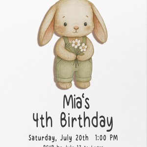 Convite de aniversário de coelho 4º aniversário • Modelo Corjl editável • Festa de animais • Download instantâneo • Convite infantil com tema de jardim