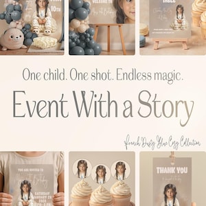 May include: A collection of party decorations and stationery with a French Dusty Blue Cozy theme. Includes a sign for a sweet treat table, invitations, thank you cards, and cupcakes. The text includes "Event With a Story".