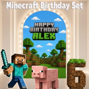 Minecraft Birthday Backdrop, Cutout, Steve and Pig Stand Up Props, Custom Number Party Decor, Boys Gaming Party Backdrop, Pixel Game Theme