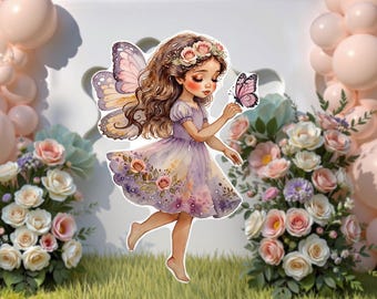 May include: A charming illustration of a fairy with butterfly wings and a floral crown, holding a pink butterfly. The fairy is wearing a lavender dress with floral accents. The background features flowers and balloons.