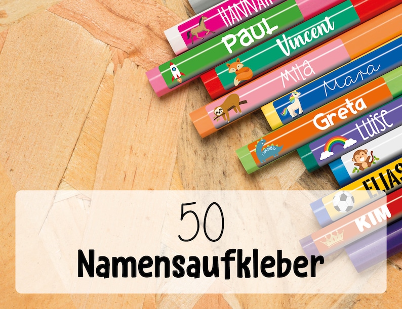 May include: A set of 50 colorful name stickers with various animal and object designs. The stickers feature names like Paul, Vincent, Greta, and Kim.