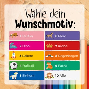 May include: A colorful chart with 10 different images and corresponding numbers and names in German. The images include a sloth, dinosaur, rocket, soccer ball, unicorn, horse, crown, rainbow, fox, and monkey.