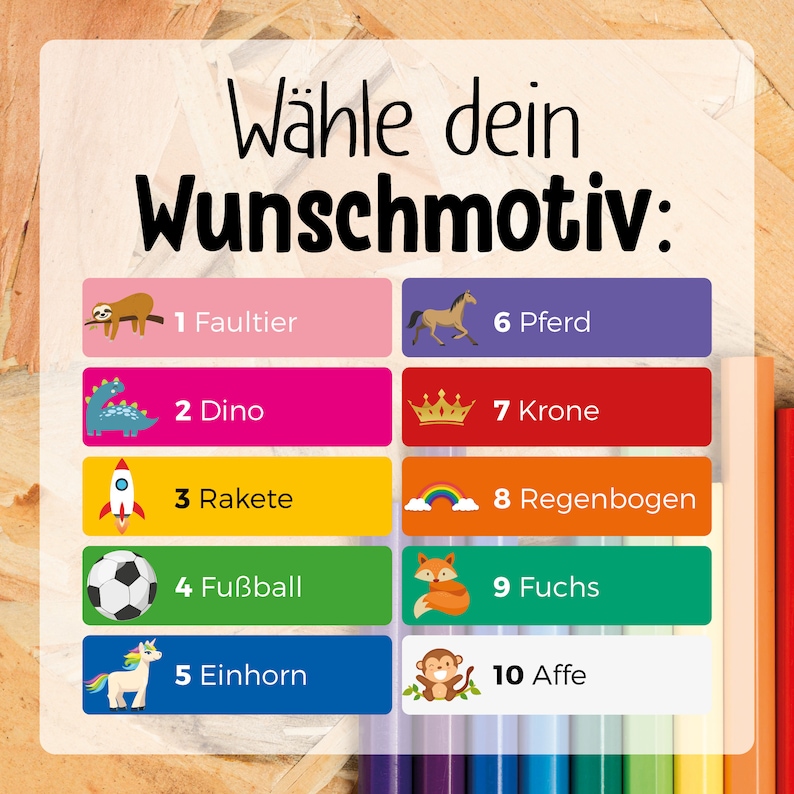May include: A colorful chart with 10 different images and corresponding numbers and names in German. The images include a sloth, dinosaur, rocket, soccer ball, unicorn, horse, crown, rainbow, fox, and monkey.