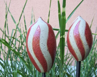 besondere Garten Beet Keramik Ton Stele Stecker rot naturbeige SPITZE lang groß