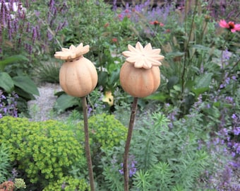 Magnifique piquet de jardin en céramique et argile, CAPSULE de coquelicot ronde