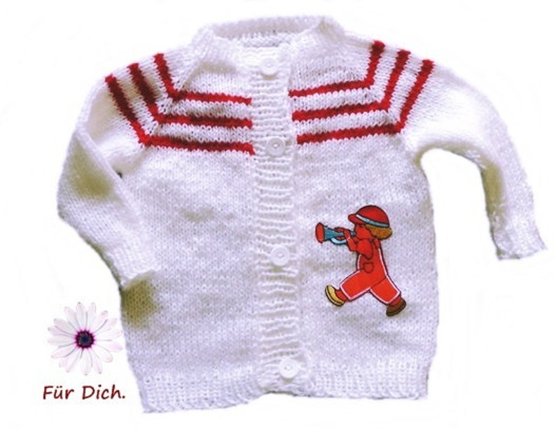 Baby-Strickjacke mit Trompeter Gr.74 handgestrickte Jacke Applikation 9 Monate Bild 1