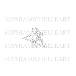 May include: Line drawing of two people sitting together, one with their arm around the other.