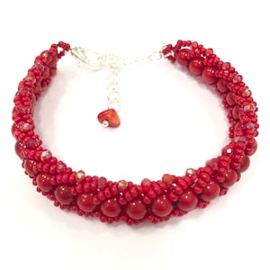 Chunky woven Red Coral bracelet, red beadwork bracelet, natural gemstone jewelry