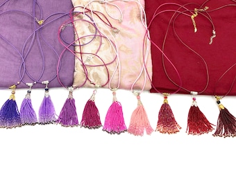 Purple, Red and Pink Beaded Tassel necklace, casual long necklace on a leather rope