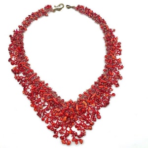 Embroidered Red Coral Necklace, bib coral waterfall necklace, wide statement V-neck necklace