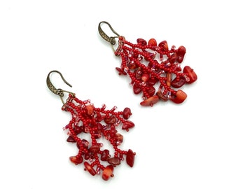 Red Coral Dangle Earrings, natural stone earrings waterfall bead earrings, modern jewelry, birthday gift for her