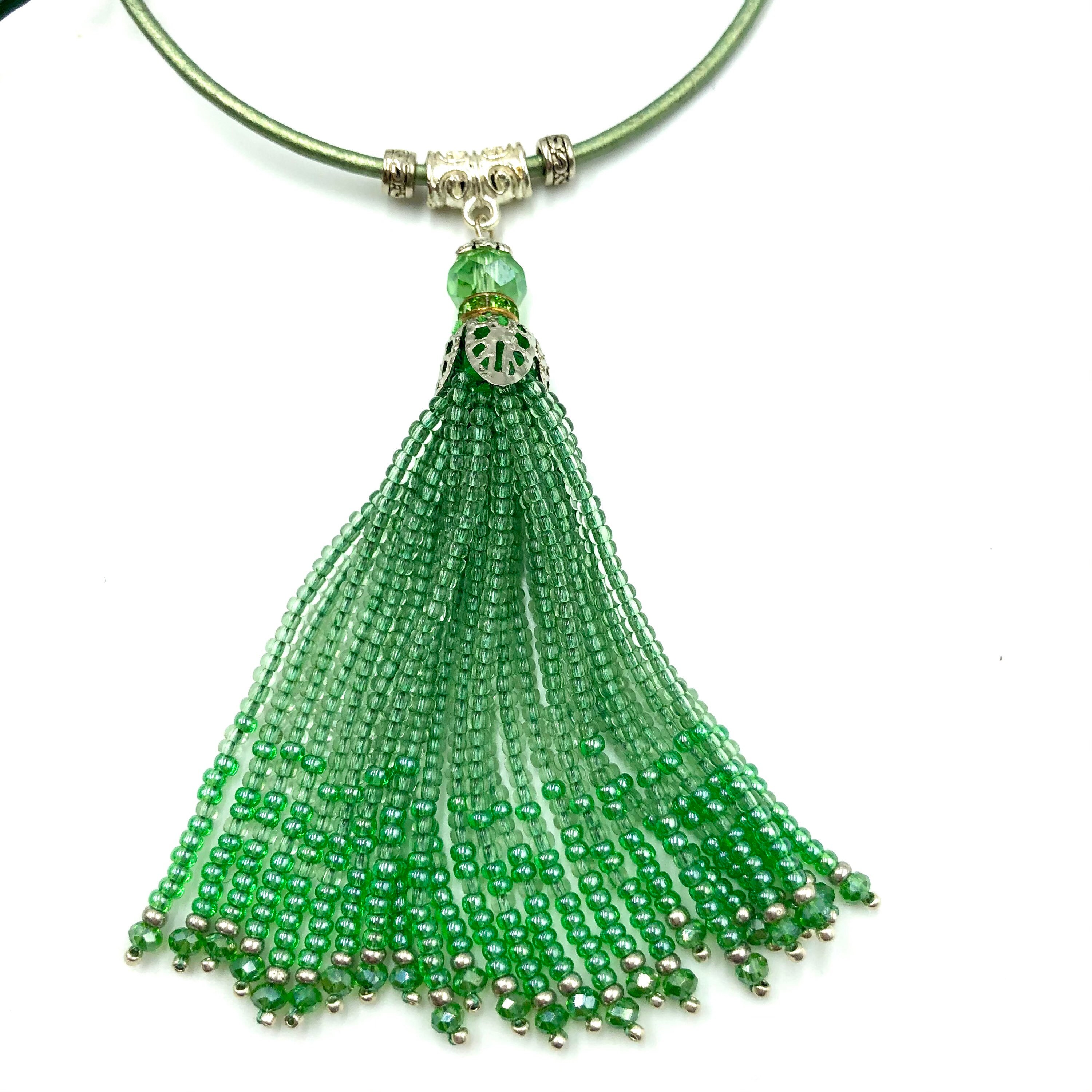 Green Beaded Tassel Necklace, Casual Long Necklace, Leather Rope