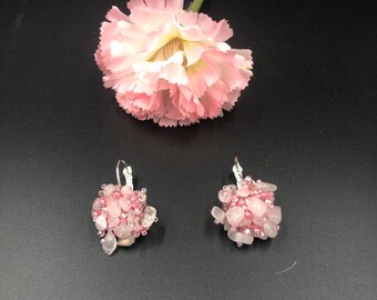 Boucles d’oreilles perlées en quartz rose, boucles d’oreilles en grappe, boucles d’oreilles en pierres précieuses