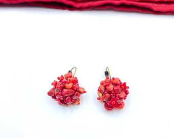 Red Coral Beaded Earrings, cluster earrings, gemstone earrings