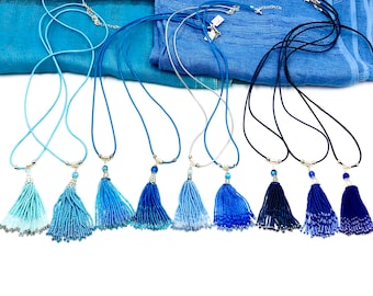 Blue Beaded Tassel necklace, casual long necklace on a leather rope