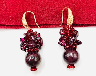 Dark Red Garnet Beaded Earrings, cluster dangle earrings