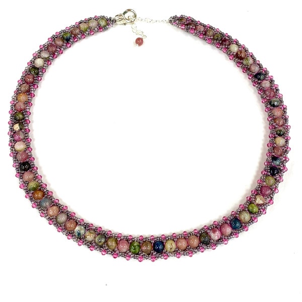 Chunky Rainbow Tourmaline necklace, multicoloured jewellery, natural gemstone beadwork jewelry, October birthstone