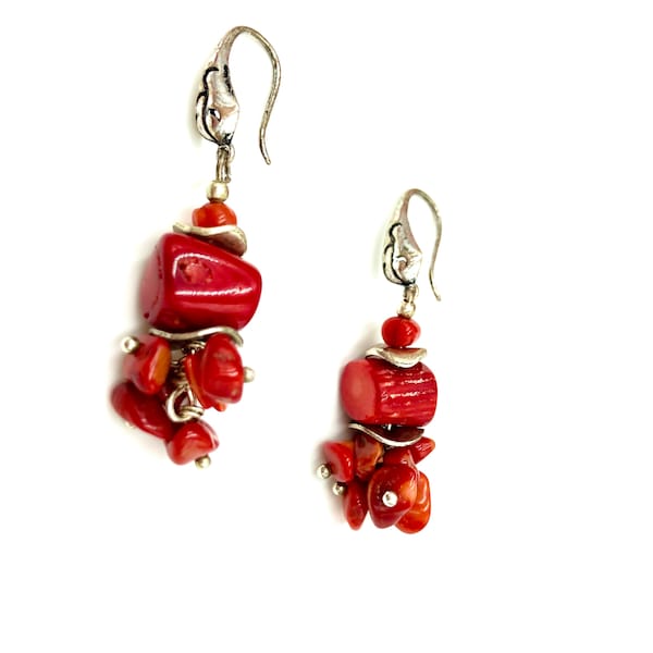 Silvery Red Coral Earrings, coral earrings
