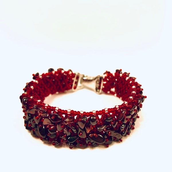 Beaded Dark Red Garnet Cuff Bracelet,  Gemstone bracelet, Christmas jewellery, Gift for her