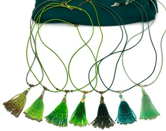 Green Beaded Tassel necklace, casual long necklace, leather rope necklace
