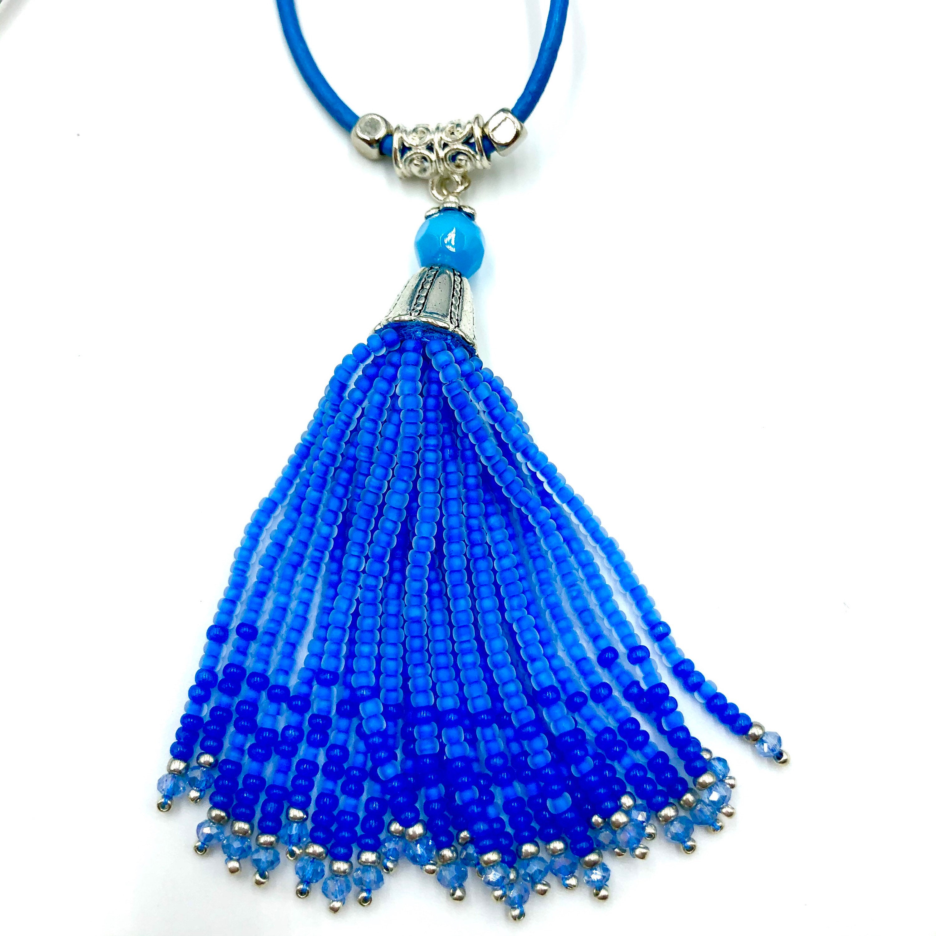 Blue Beaded Tassel necklace casual long necklace on a leather Etsy