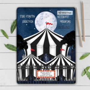 May include: A black and white striped circus tent with a red flag on top. The tent is surrounded by a black fence and a sign that reads "Gates open at nightfall, closed at dawn". The moon is full and the sky is dark blue with stars. The text "The Circus Arrives" is at the top of the image and "Without Warning" is below the tent.