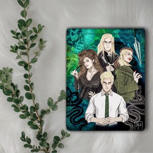 May include: A green, black, and white illustration of five characters from a fantasy novel. The characters are standing in front of a green and black background with snakes and other symbols. The text "JALA C" is in the bottom right corner.