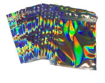 25ct 5x7 Shiny Mylar Holographic Metallized Foil Zip Bags, Smell Proof, Clear Front