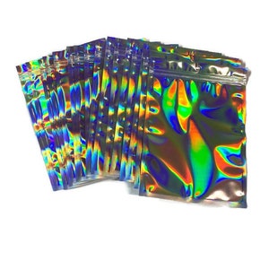 25ct 5.5x7.8 Shiny Mylar Holographic Metallized Foil Zip Bags, Smell Proof, Clear Front Bags