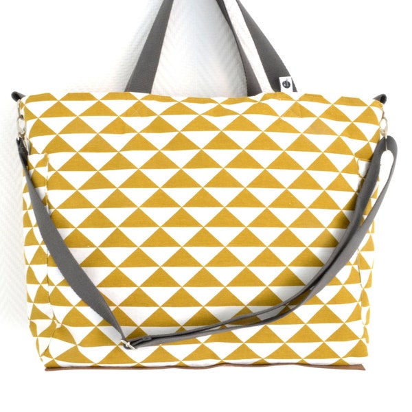 Diaper bag for shoulder and stroller with mustard yellow triangles