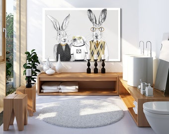 Rabbits print on canvas, Hares print on canvas, Hares family, Hares wall decor, Rabbits art decor canvas - 120X80 cm 02197