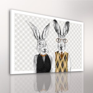 Impresión de conejos en lienzo, impresiones de Hares en lienzo, familia Deares, decoración de la pared de Hares, lienzo de decoración de arte de conejos, Mr Rabbit, Mrs Hare,Rabbit en vestido imagen 3