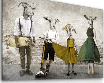 Canvasprint with family goats, funny goats in clothes, picture for the living room, Large pictures 120x80cm