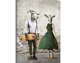 Cabras impresas en lienzo, Un par de cabras, imágenes grandes, arte de cabras, impresión de arte de cabra, regalo de boda, cabra en un vestido, cabra con monopatín