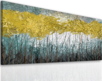 Canvas Print with trees, golden trees, abstract landscape, large format 150x60cm, wall graphics, picture for the living room