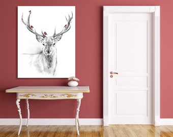 Deer print on canvas - Jeleń Ptaki- 60X80 02203