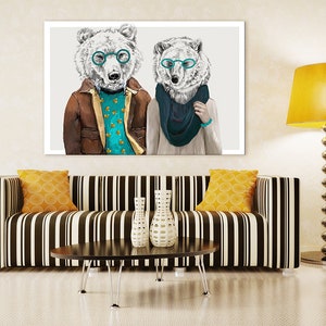 Bear print on canvas,Bear family on canvas,Bear canvas art,Elegant bear on canvas,Bear in glasses,Bear wall decor,Bear pair on canvas image 1