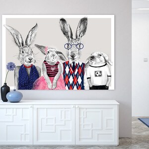 Rabbits print on canvas, Hares prints on canvas, Hares family, Hares wall decor, Rabbits art decor canvas, 02-207 image 1