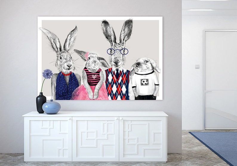 Rabbits print on canvas, Hares prints on canvas, Hares family, Hares wall decor, Rabbits art decor canvas, 02-207 image 1