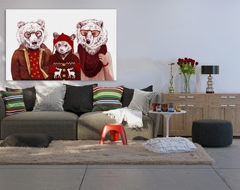 Bear print on canvas,Bear family on canvas,Bear canvas art,Bear in red on canvas,Bear in glasses,Bear wall decor,Print decor on canvas