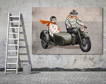 Obraz na płótnie 120x80 cm - KURCZAKI NA MOTOCYKLU