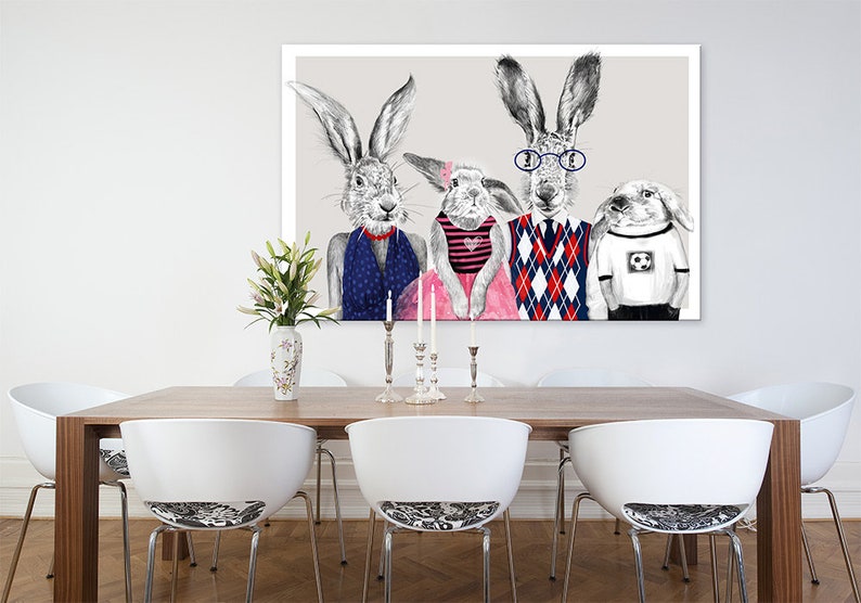 Rabbits print on canvas, Hares prints on canvas, Hares family, Hares wall decor, Rabbits art decor canvas, 02-207 image 2